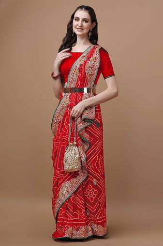 Red bandhani printed embroidered saree with unstitched blouse piece