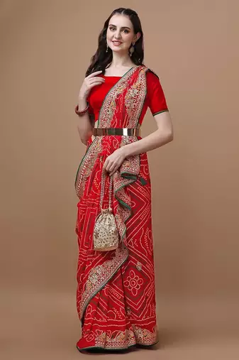 Red bandhani printed embroidered saree with unstitched blouse piece