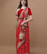 Red bandhani printed embroidered saree with unstitched blouse piece