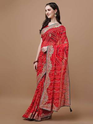 Red bandhani printed embroidered saree with unstitched blouse piece 2