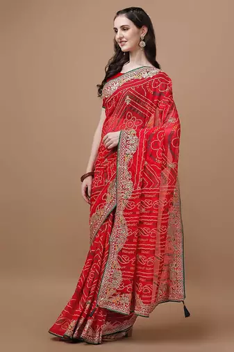 Red bandhani printed embroidered saree with unstitched blouse piece