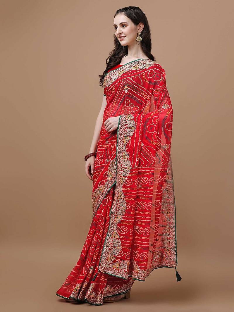 Red bandhani printed embroidered saree with unstitched blouse piece