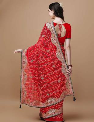 Red bandhani printed embroidered saree with unstitched blouse piece 3