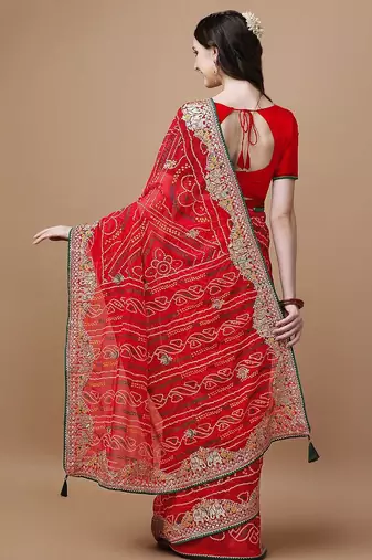 Red bandhani printed embroidered saree with unstitched blouse piece