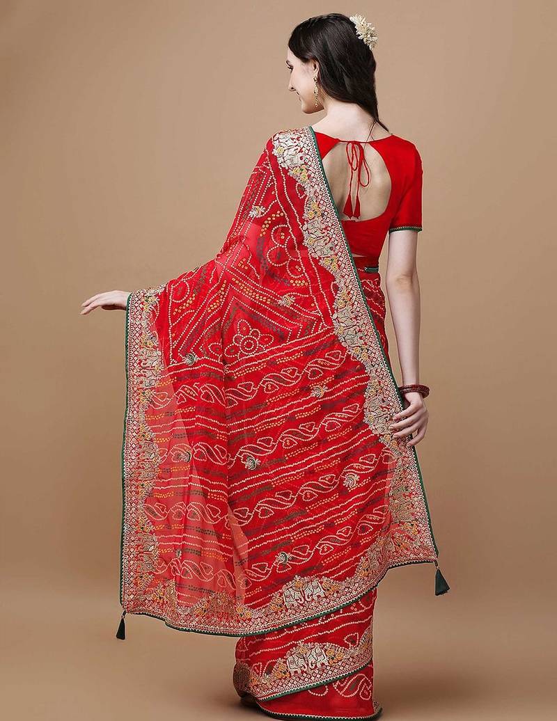 Red bandhani printed embroidered saree with unstitched blouse piece