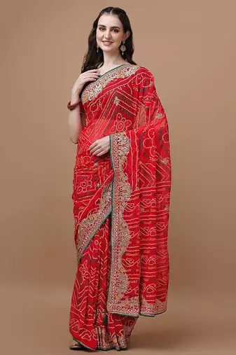 Red bandhani printed embroidered saree with unstitched blouse piece
