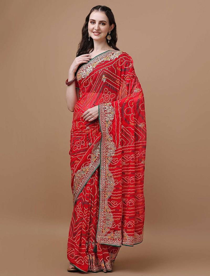 Red bandhani printed embroidered saree with unstitched blouse piece