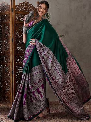 Green ethnic motifs silk blend saree 3
