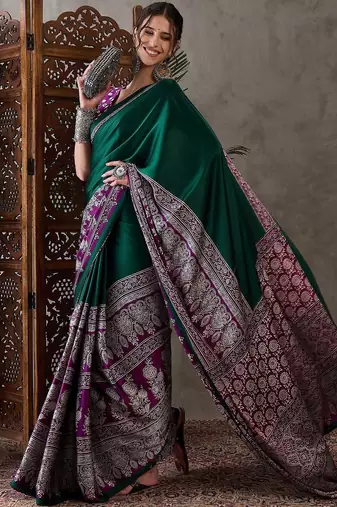 Green ethnic motifs silk blend saree