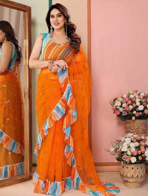Orange embellished mirror work net designer saree 1