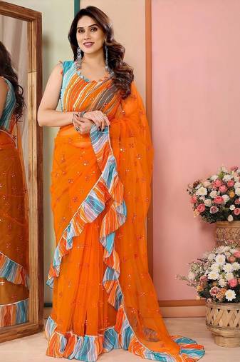 Orange embellished mirror work net designer saree