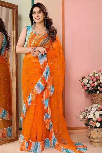 Orange embellished mirror work net designer saree