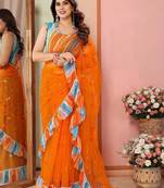 Orange embellished mirror work net designer saree