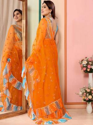 Orange embellished mirror work net designer saree 2