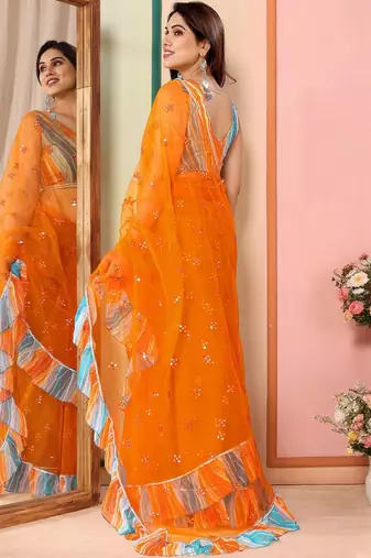 Orange embellished mirror work net designer saree