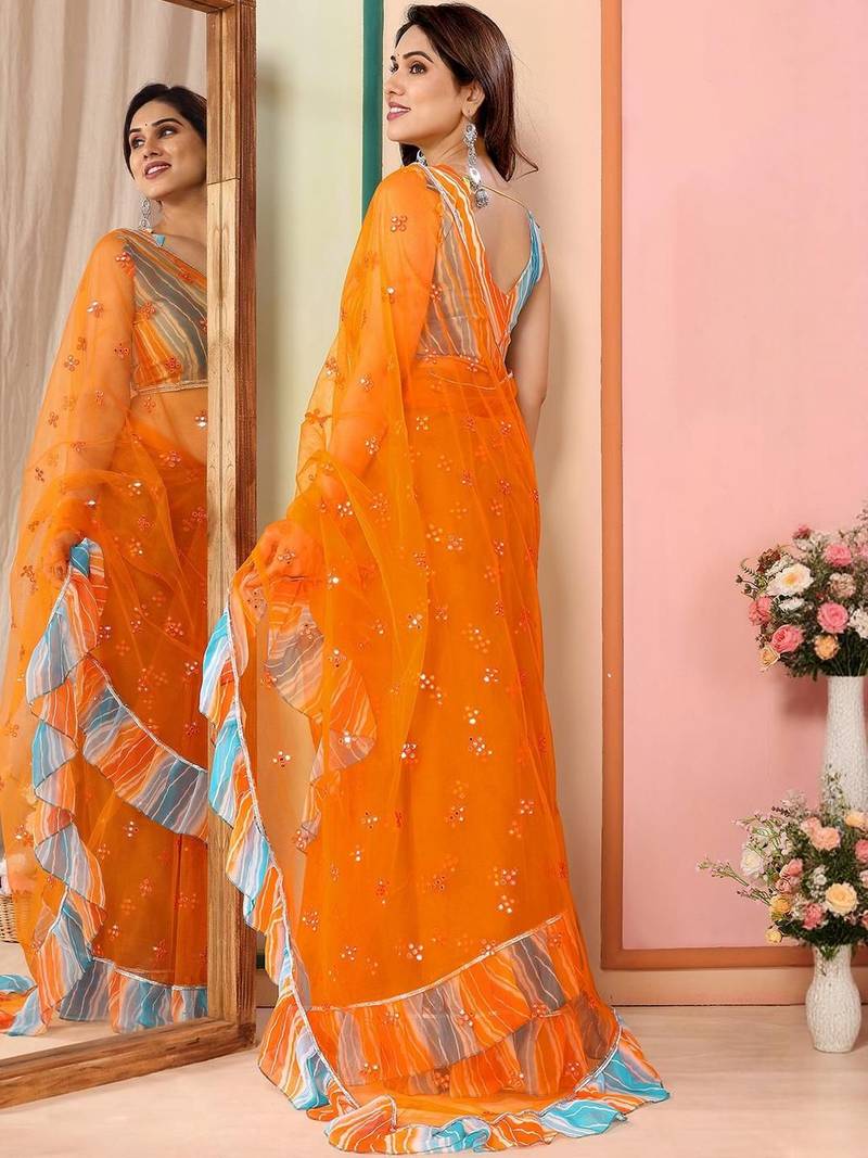 Orange embellished mirror work net designer saree