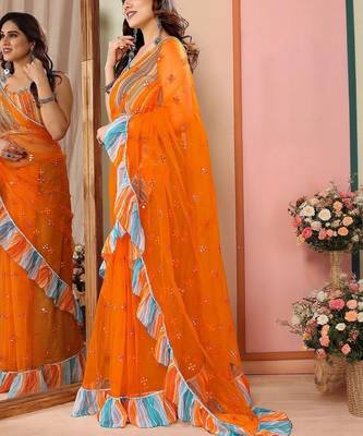 Orange embellished mirror work net designer saree 3