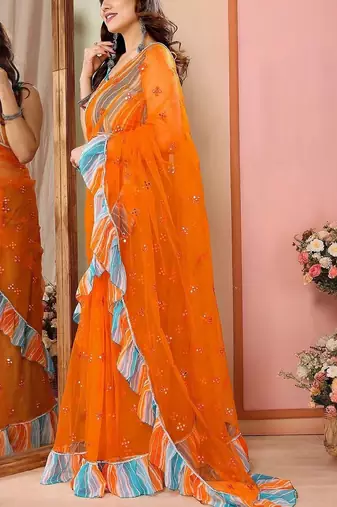 Orange embellished mirror work net designer saree