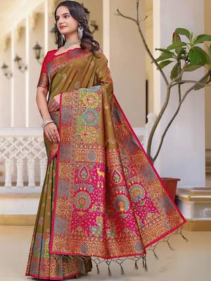 Yellow women design zari art silk saree 2