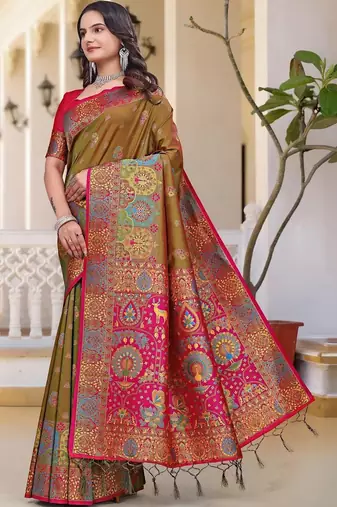 Yellow women design zari art silk saree