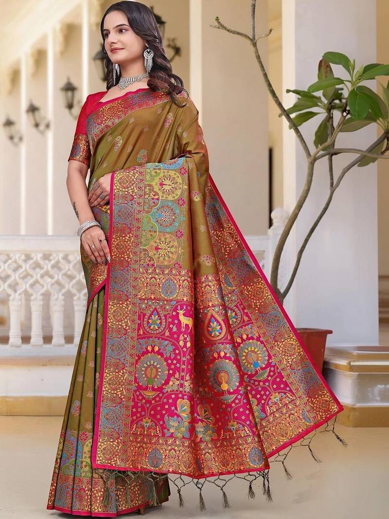 Yellow women design zari art silk saree