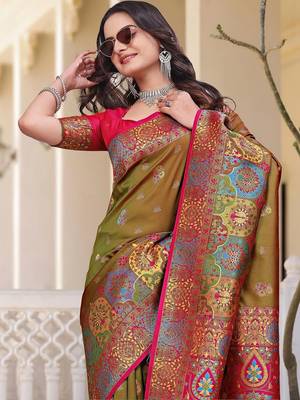 Yellow women design zari art silk saree 3