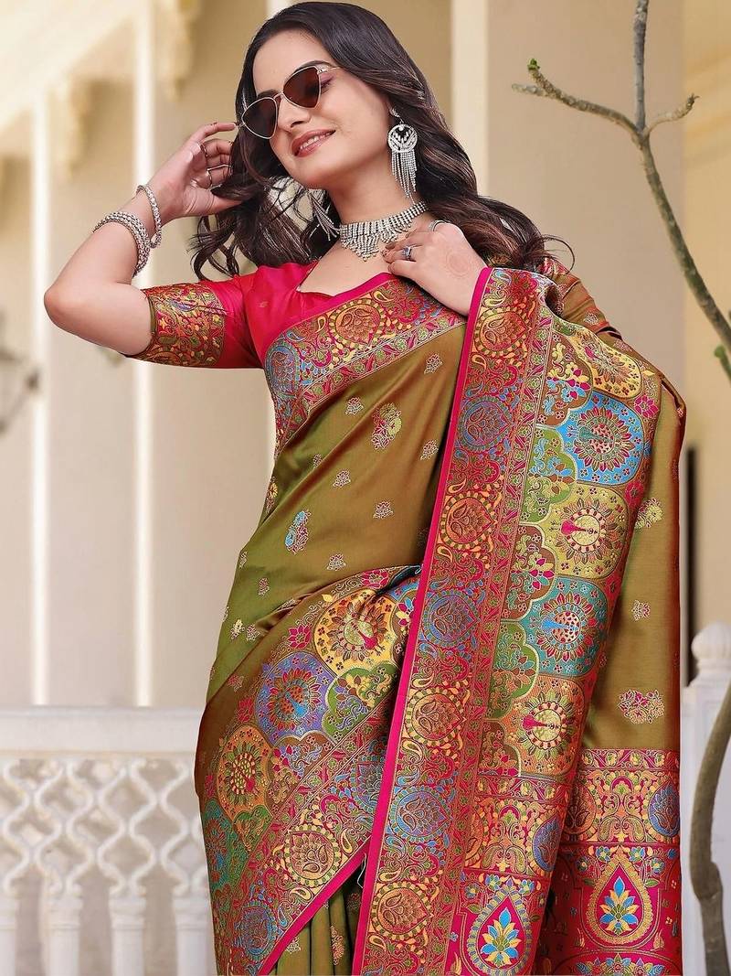 Yellow women design zari art silk saree
