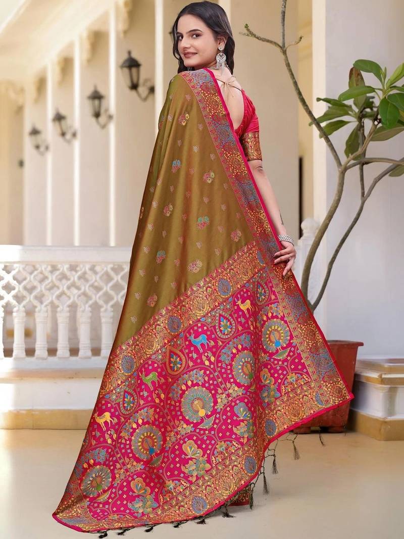 Yellow women design zari art silk saree