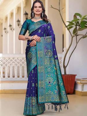 Navy blue women  woven design zari art silk saree 1