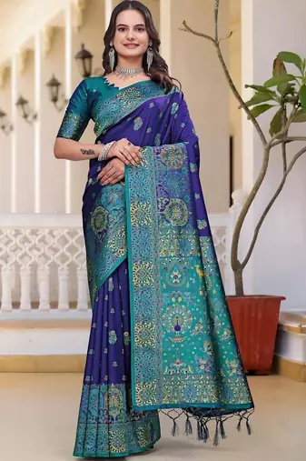 Navy blue women  woven design zari art silk saree