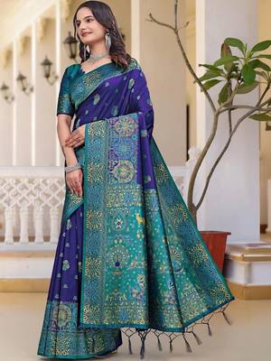 Navy blue women  woven design zari art silk saree 2