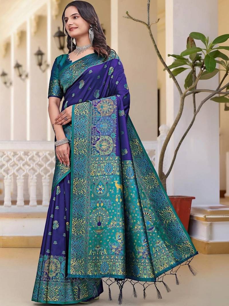 Navy blue women  woven design zari art silk saree