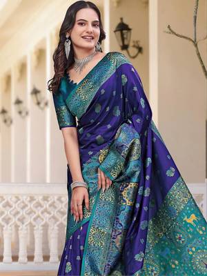 Navy blue women  woven design zari art silk saree 3