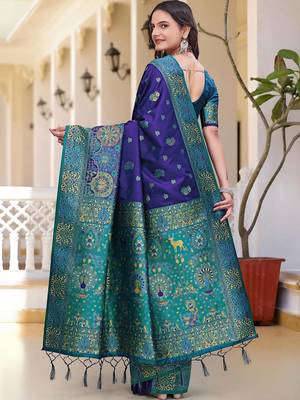 Navy blue women  woven design zari art silk saree 4