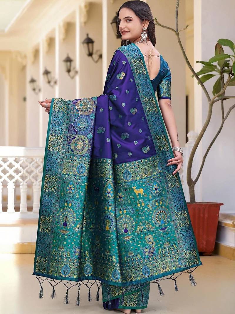 Navy blue women  woven design zari art silk saree