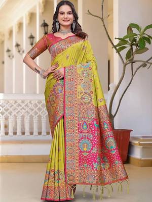 Lime women ethnic motif zari art silk saree 1