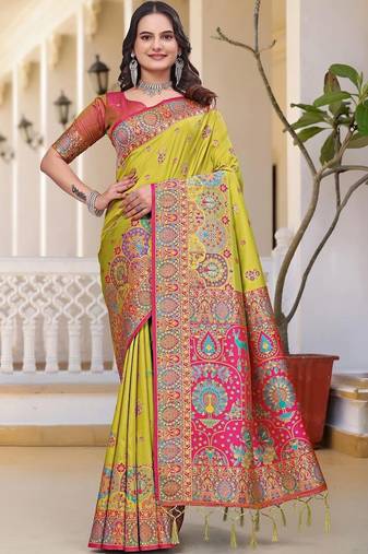 Lime women ethnic motif zari art silk saree