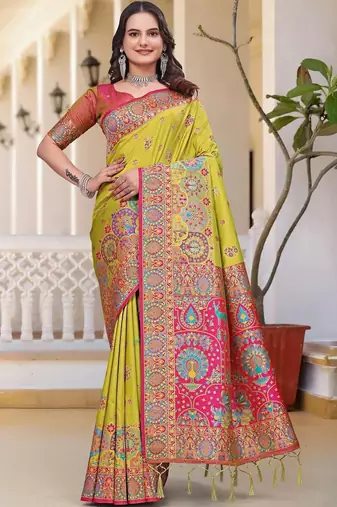 Lime women ethnic motif zari art silk saree
