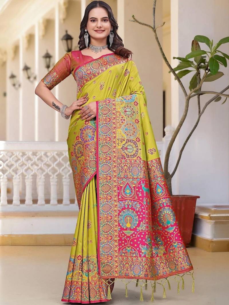 Lime women ethnic motif zari art silk saree