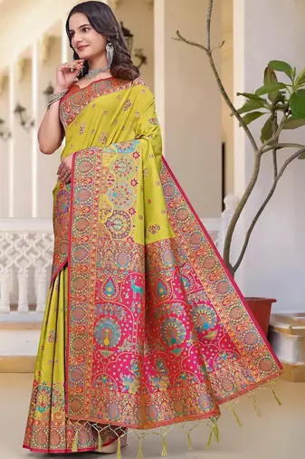 Lime women ethnic motif zari art silk saree