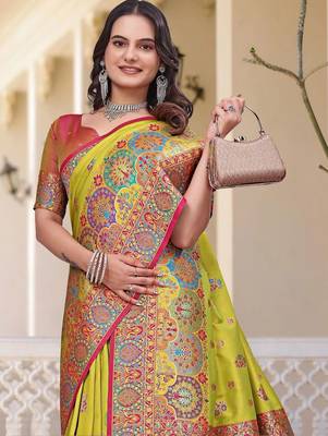 Lime women ethnic motif zari art silk saree 3