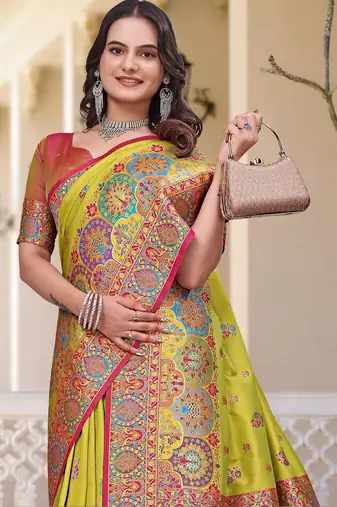 Lime women ethnic motif zari art silk saree
