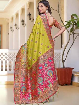 Lime women ethnic motif zari art silk saree 4
