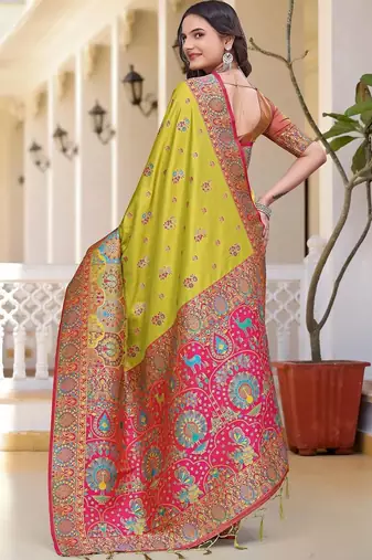 Lime women ethnic motif zari art silk saree