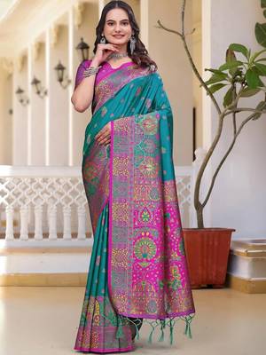 Teal woven design zari art silk saree 1