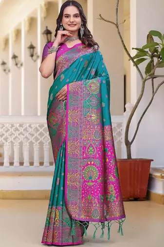 Teal woven design zari art silk saree