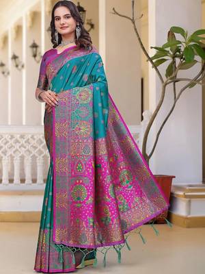 Teal woven design zari art silk saree 2