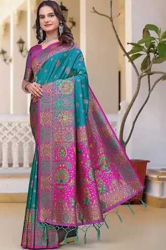 Teal woven design zari art silk saree