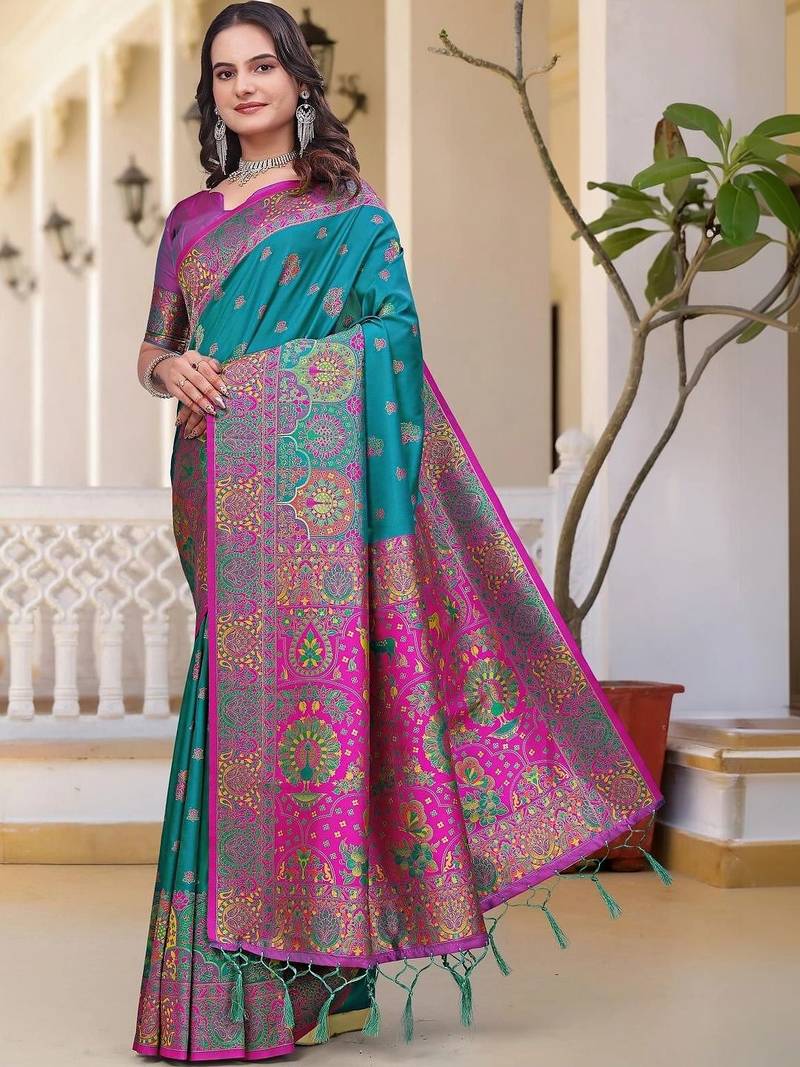 Teal woven design zari art silk saree