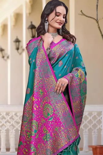 Teal woven design zari art silk saree
